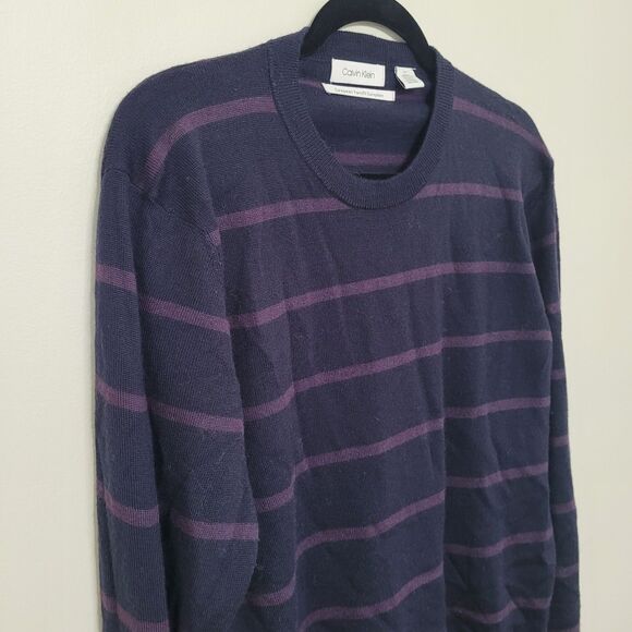Calvin Klein Navy Purple Stripe Merino Wool Pullover Sweater Men's Large - Picture 1 of 5